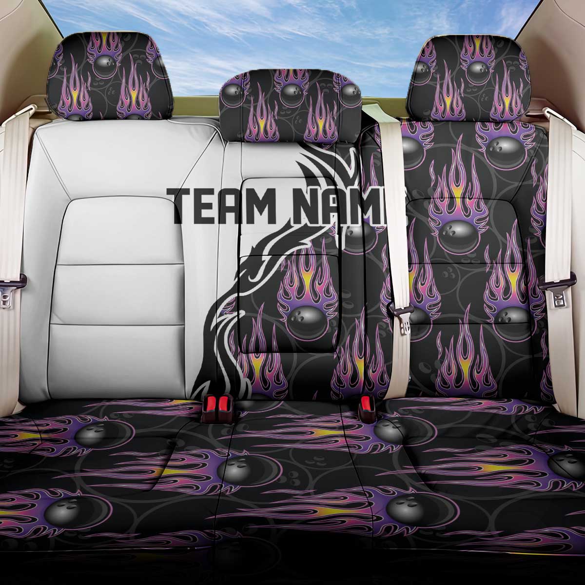 Custom Bowling Team Graphic Back Car Seat Cover with Flaming Ball Design in Black White and Purple Flame Pattern - Wonder Print Shop