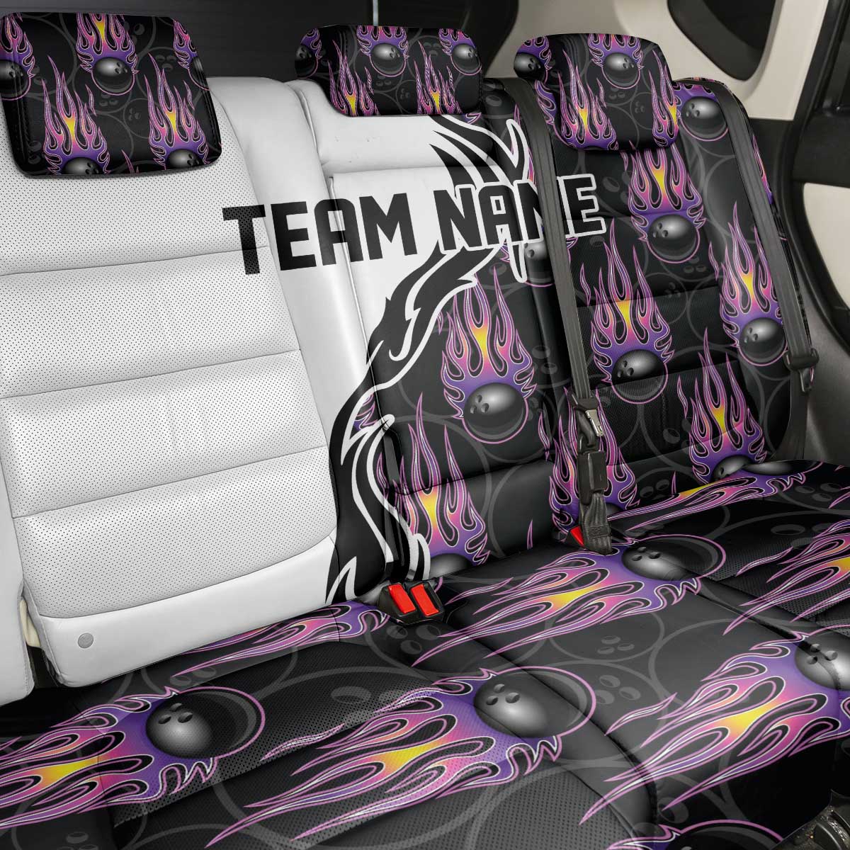 Custom Bowling Team Graphic Back Car Seat Cover with Flaming Ball Design in Black White and Purple Flame Pattern - Wonder Print Shop