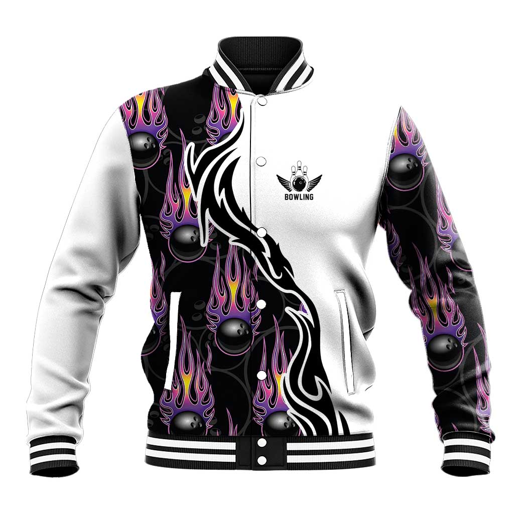 Custom Bowling Team Graphic Baseball Jacket with Flaming Ball Design in Black White and Purple Flame Pattern - Wonder Print Shop