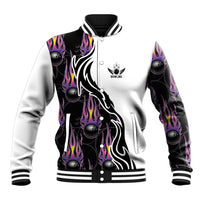 Custom Bowling Team Graphic Baseball Jacket with Flaming Ball Design in Black White and Purple Flame Pattern - Wonder Print Shop