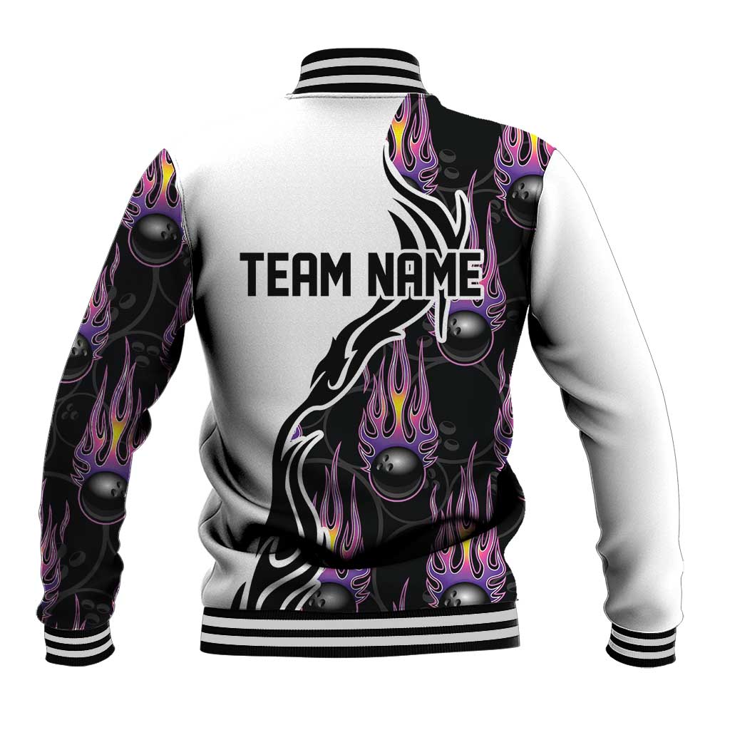 Custom Bowling Team Graphic Baseball Jacket with Flaming Ball Design in Black White and Purple Flame Pattern - Wonder Print Shop