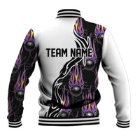 Custom Bowling Team Graphic Baseball Jacket with Flaming Ball Design in Black White and Purple Flame Pattern - Wonder Print Shop