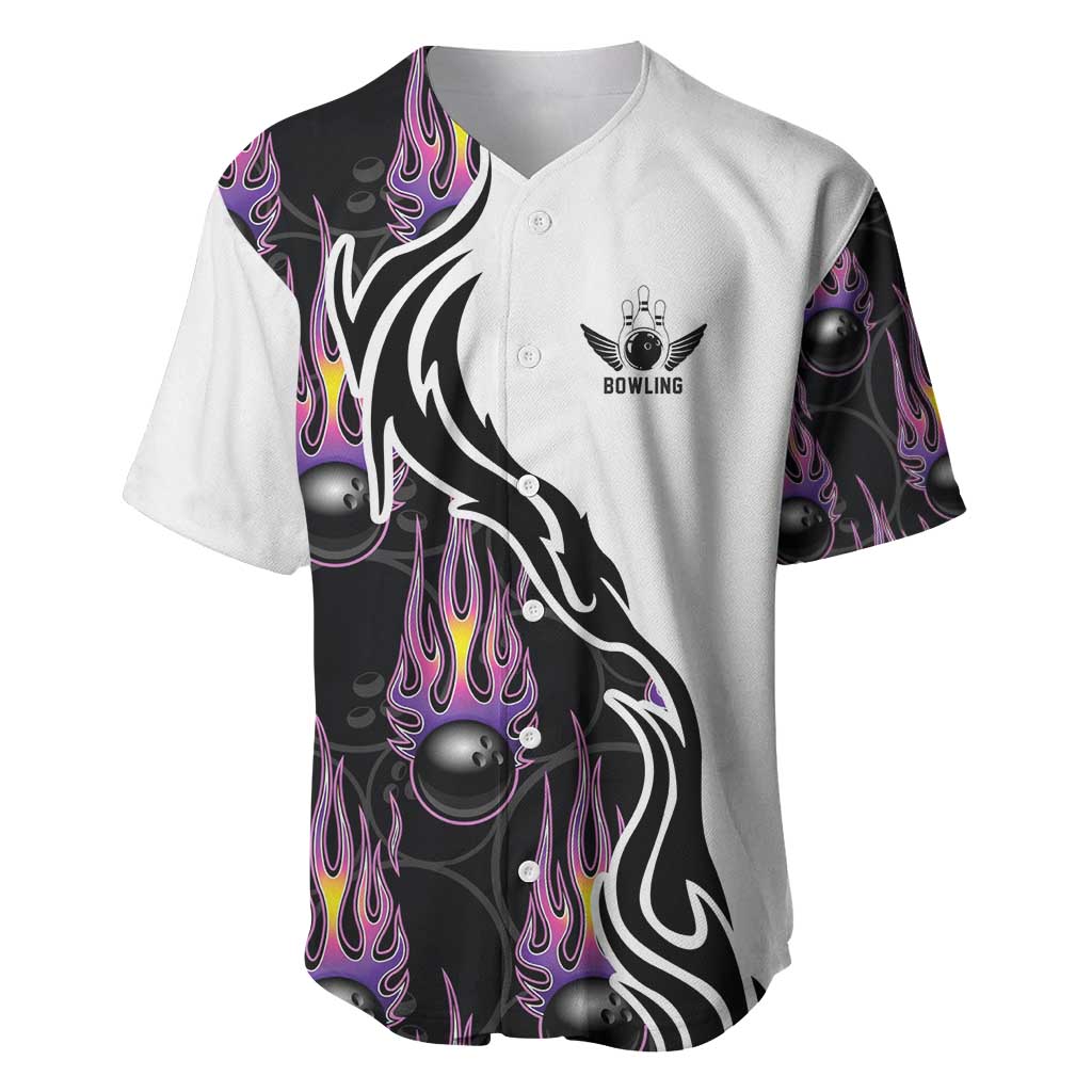 Custom Bowling Team Graphic Baseball Jersey with Flaming Ball Design in Black White and Purple Flame Pattern - Wonder Print Shop