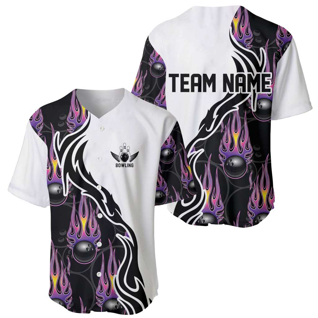 Custom Bowling Team Graphic Baseball Jersey with Flaming Ball Design in Black White and Purple Flame Pattern - Wonder Print Shop