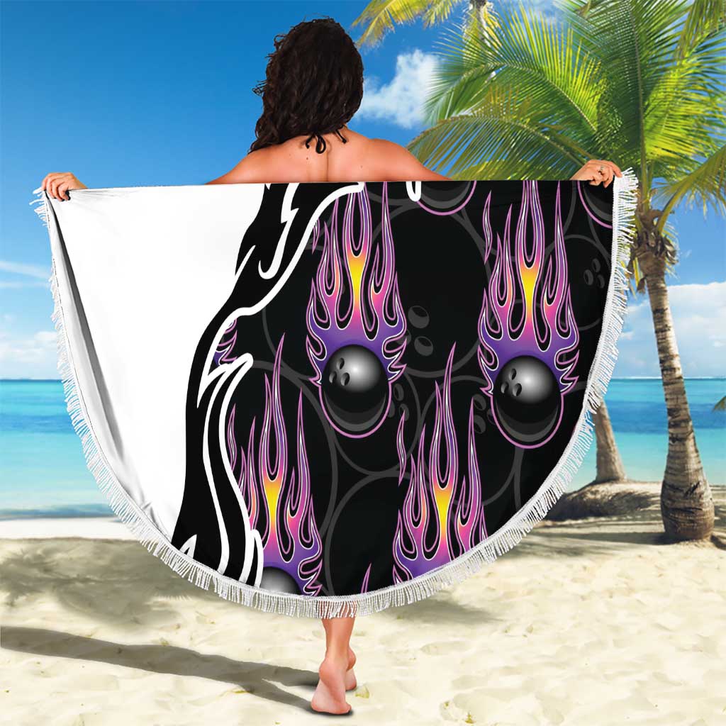 Custom Bowling Team Graphic Beach Blanket with Flaming Ball Design in Black White and Purple Flame Pattern - Wonder Print Shop