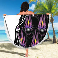 Custom Bowling Team Graphic Beach Blanket with Flaming Ball Design in Black White and Purple Flame Pattern - Wonder Print Shop