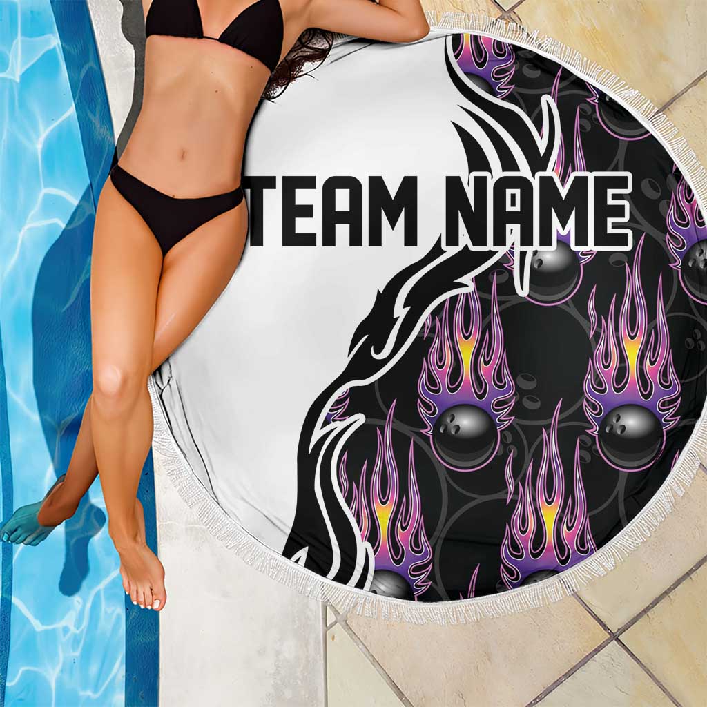 Custom Bowling Team Graphic Beach Blanket with Flaming Ball Design in Black White and Purple Flame Pattern - Wonder Print Shop