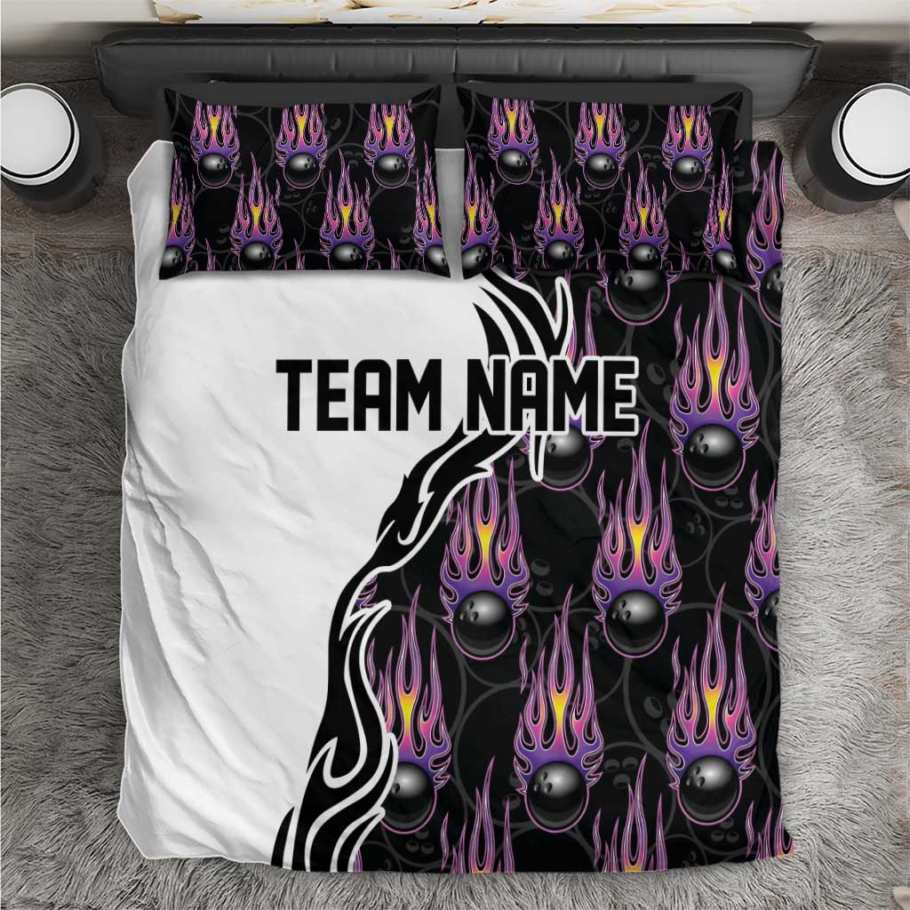 Custom Bowling Team Graphic Bedding Set with Flaming Ball Design in Black White and Purple Flame Pattern - Wonder Print Shop