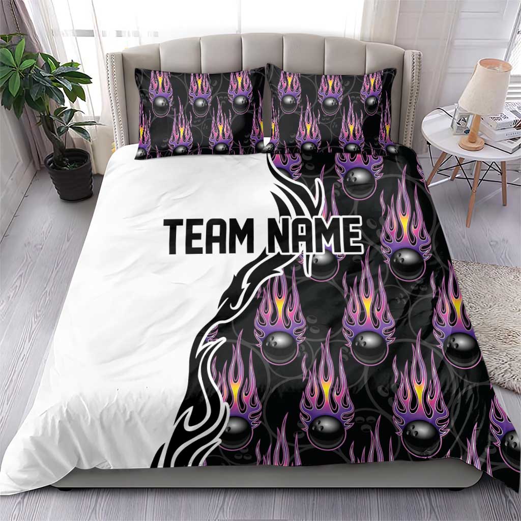 Custom Bowling Team Graphic Bedding Set with Flaming Ball Design in Black White and Purple Flame Pattern - Wonder Print Shop