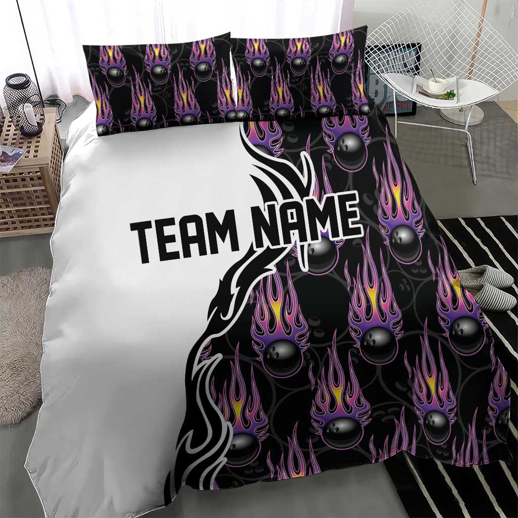 Custom Bowling Team Graphic Bedding Set with Flaming Ball Design in Black White and Purple Flame Pattern - Wonder Print Shop