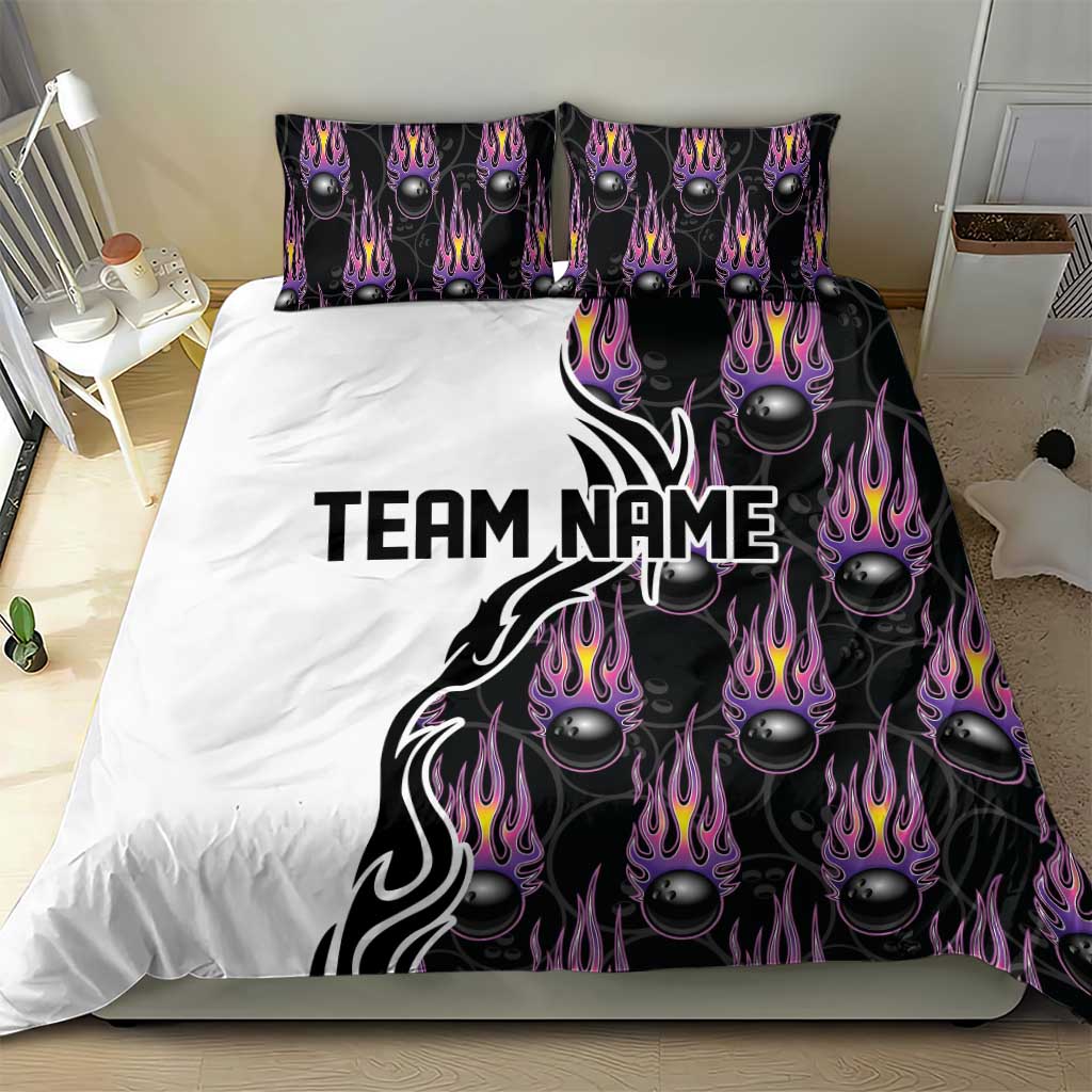 Custom Bowling Team Graphic Bedding Set with Flaming Ball Design in Black White and Purple Flame Pattern - Wonder Print Shop