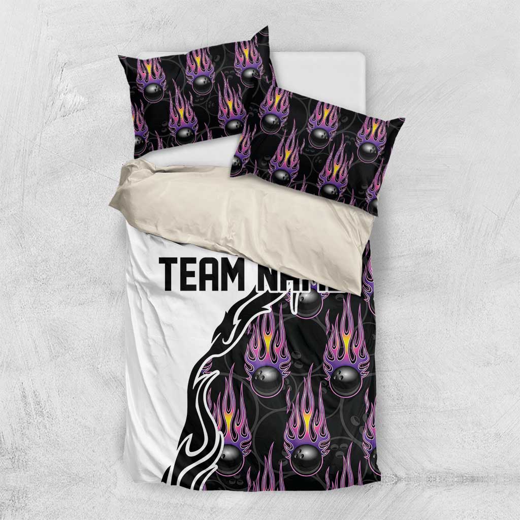 Custom Bowling Team Graphic Bedding Set with Flaming Ball Design in Black White and Purple Flame Pattern - Wonder Print Shop