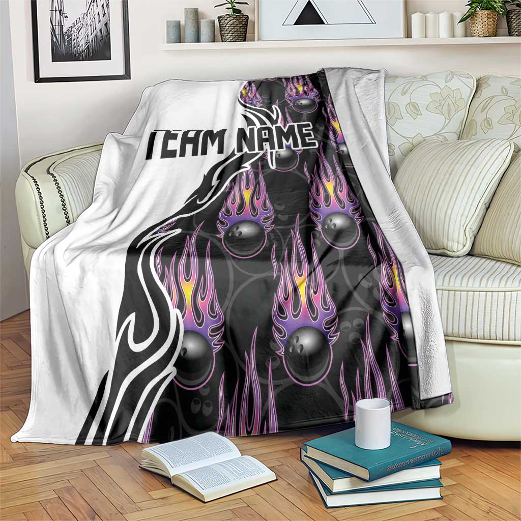 Custom Bowling Team Graphic Blanket with Flaming Ball Design in Black White and Purple Flame Pattern - Wonder Print Shop