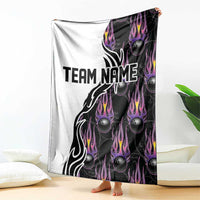 Custom Bowling Team Graphic Blanket with Flaming Ball Design in Black White and Purple Flame Pattern - Wonder Print Shop