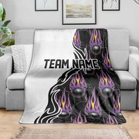 Custom Bowling Team Graphic Blanket with Flaming Ball Design in Black White and Purple Flame Pattern - Wonder Print Shop