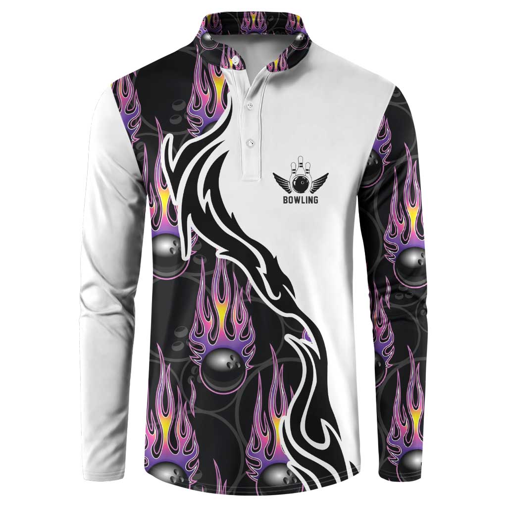 Custom Bowling Team Graphic Button Sweatshirt with Flaming Ball Design in Black White and Purple Flame Pattern - Wonder Print Shop