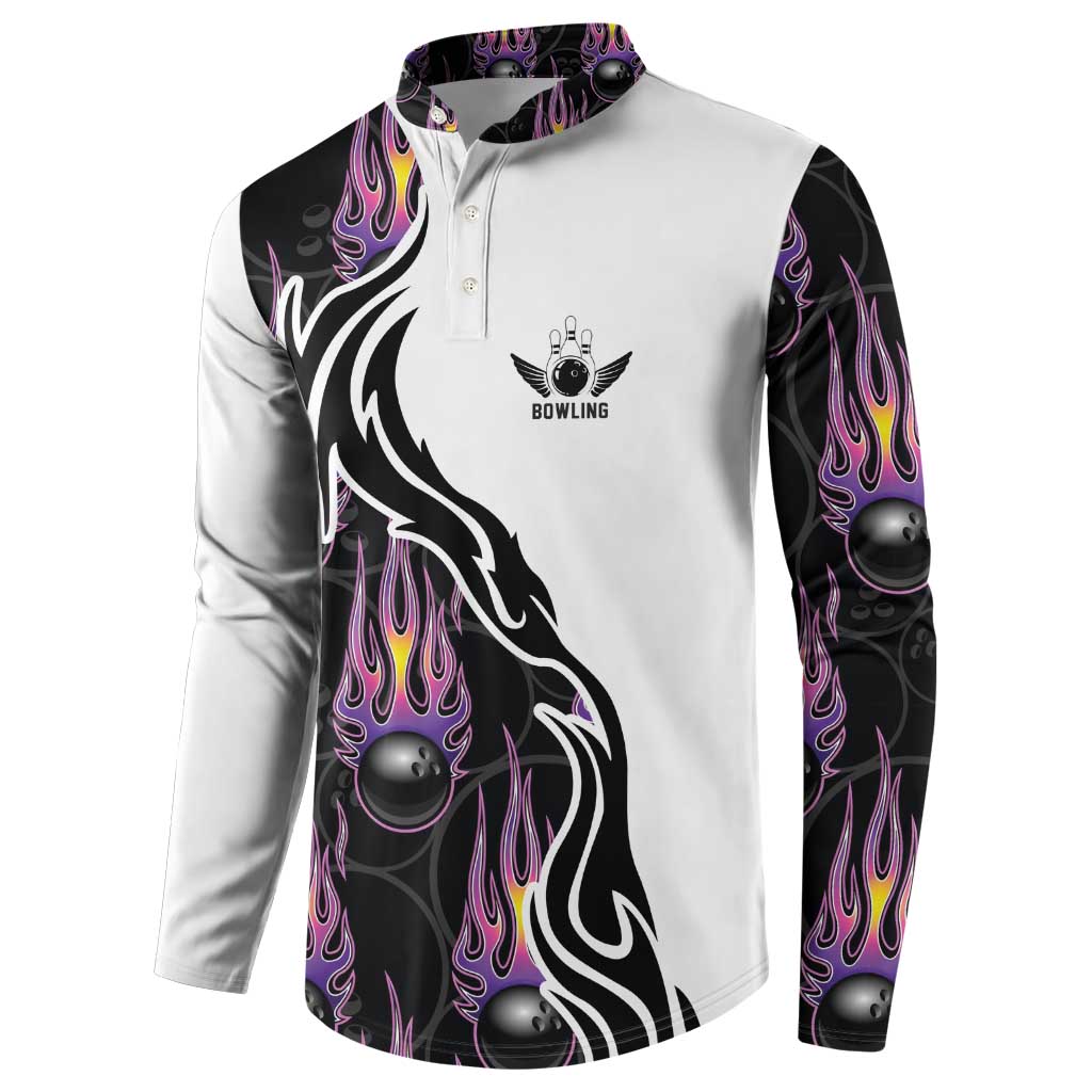 Custom Bowling Team Graphic Button Sweatshirt with Flaming Ball Design in Black White and Purple Flame Pattern - Wonder Print Shop