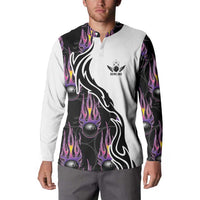 Custom Bowling Team Graphic Button Sweatshirt with Flaming Ball Design in Black White and Purple Flame Pattern - Wonder Print Shop