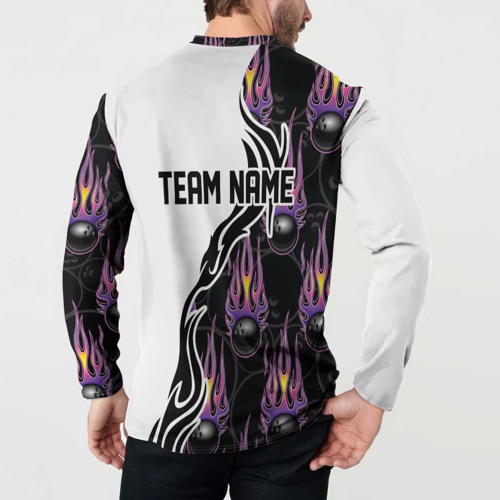 Custom Bowling Team Graphic Button Sweatshirt with Flaming Ball Design in Black White and Purple Flame Pattern - Wonder Print Shop