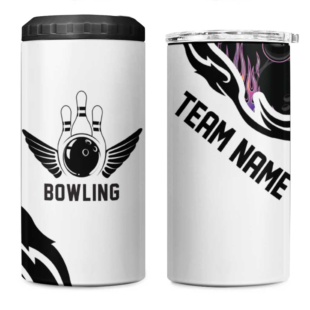 Custom Bowling Team Graphic 4 in 1 Can Cooler Tumbler with Flaming Ball Design in Black White and Purple Flame Pattern - Wonder Print Shop