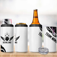 Custom Bowling Team Graphic 4 in 1 Can Cooler Tumbler with Flaming Ball Design in Black White and Purple Flame Pattern - Wonder Print Shop