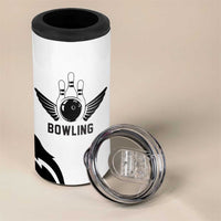 Custom Bowling Team Graphic 4 in 1 Can Cooler Tumbler with Flaming Ball Design in Black White and Purple Flame Pattern - Wonder Print Shop