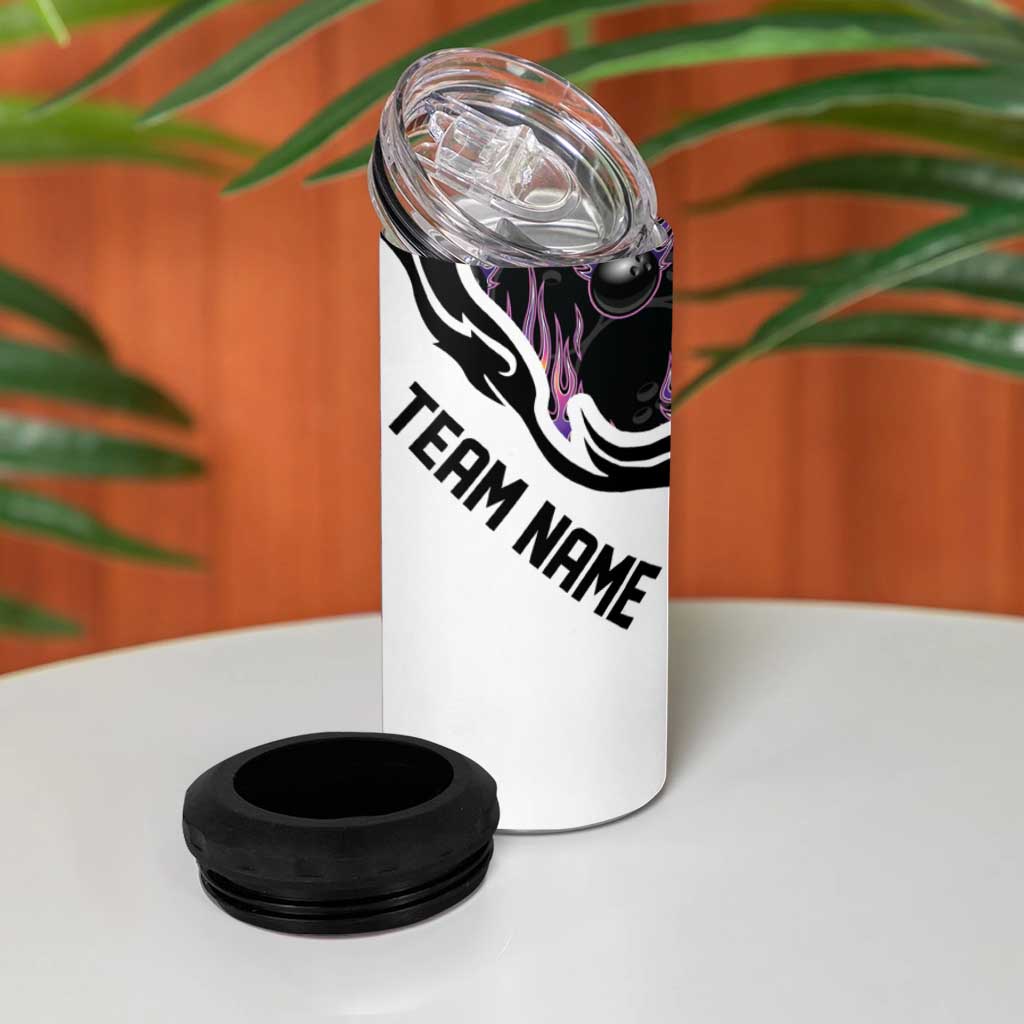 Custom Bowling Team Graphic 4 in 1 Can Cooler Tumbler with Flaming Ball Design in Black White and Purple Flame Pattern - Wonder Print Shop