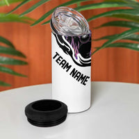 Custom Bowling Team Graphic 4 in 1 Can Cooler Tumbler with Flaming Ball Design in Black White and Purple Flame Pattern - Wonder Print Shop