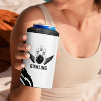 Custom Bowling Team Graphic 4 in 1 Can Cooler Tumbler with Flaming Ball Design in Black White and Purple Flame Pattern - Wonder Print Shop