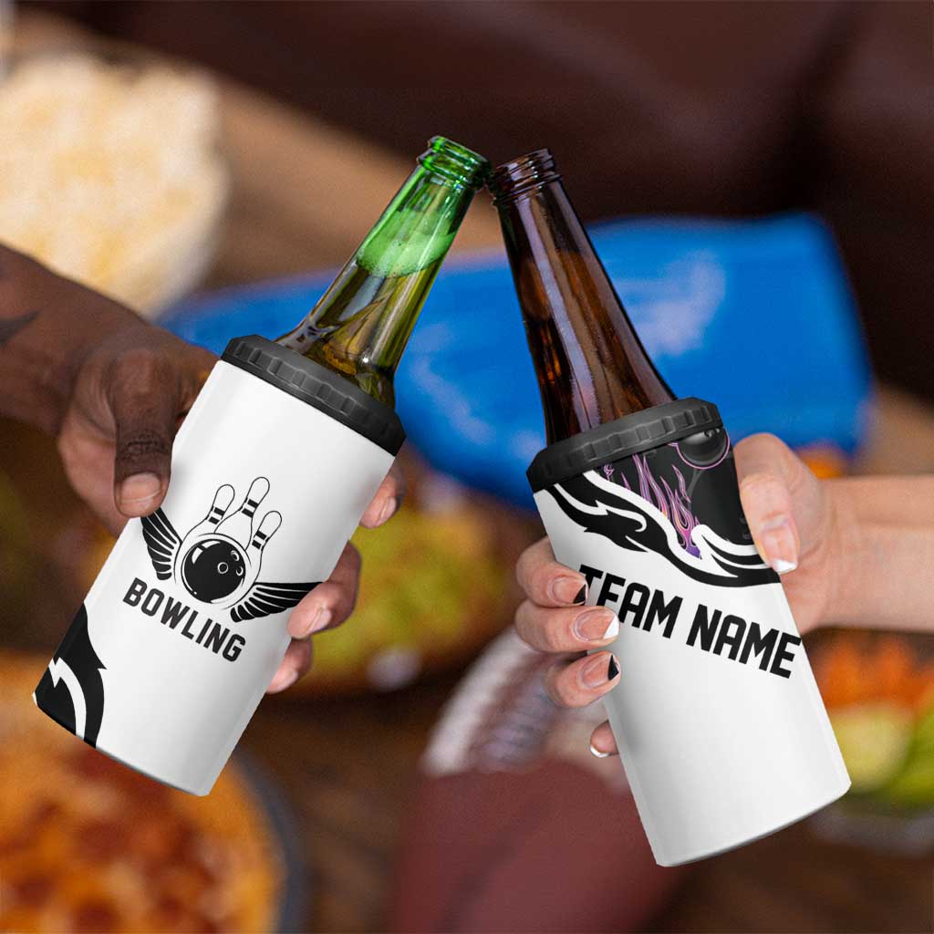 Custom Bowling Team Graphic 4 in 1 Can Cooler Tumbler with Flaming Ball Design in Black White and Purple Flame Pattern - Wonder Print Shop