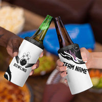 Custom Bowling Team Graphic 4 in 1 Can Cooler Tumbler with Flaming Ball Design in Black White and Purple Flame Pattern - Wonder Print Shop