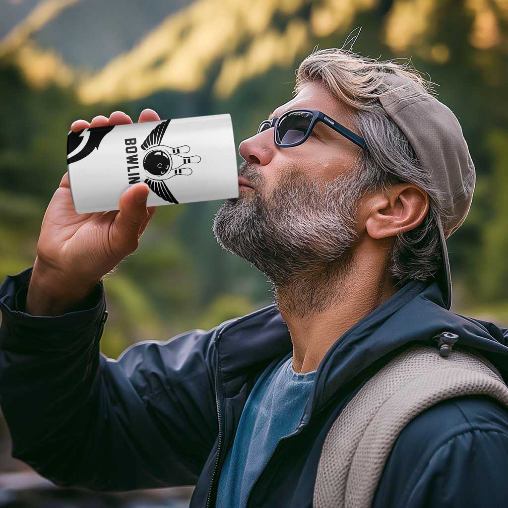 Custom Bowling Team Graphic 4 in 1 Can Cooler Tumbler with Flaming Ball Design in Black White and Purple Flame Pattern - Wonder Print Shop