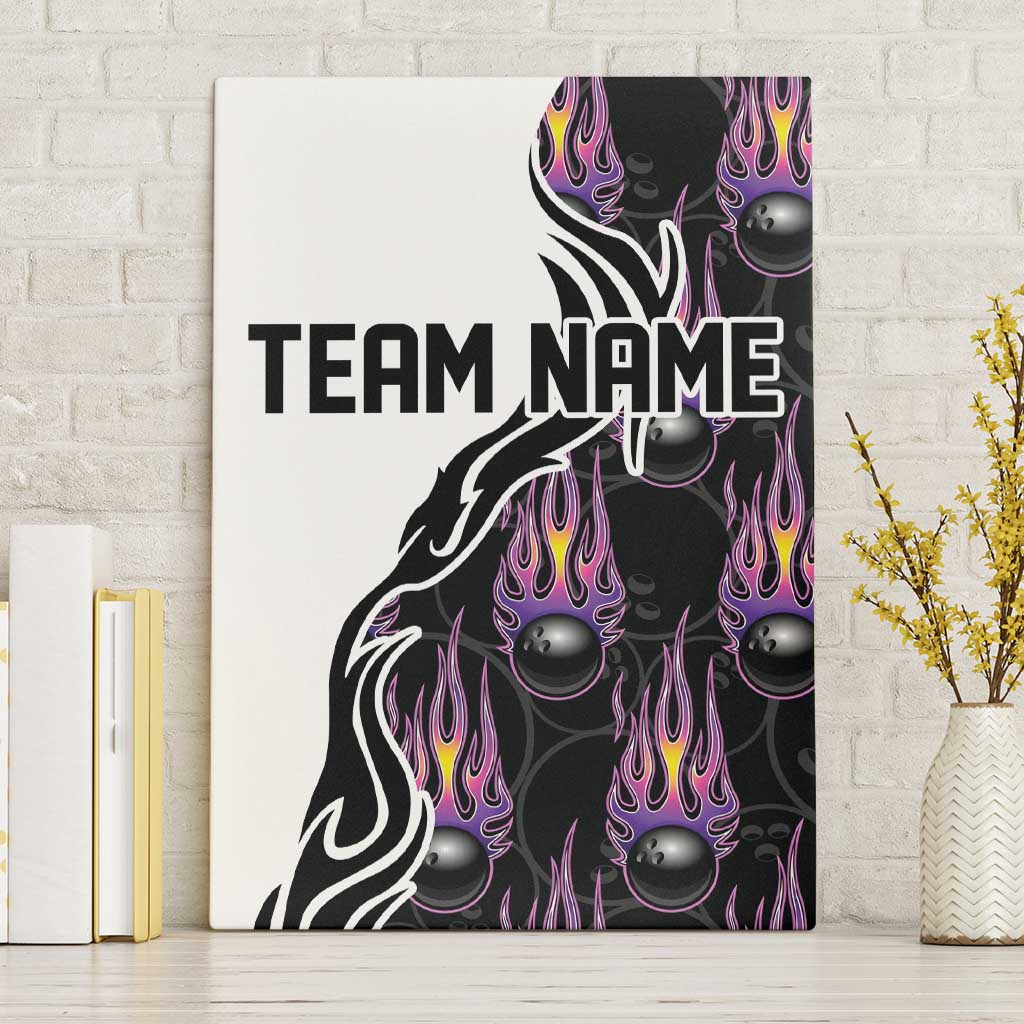 Custom Bowling Team Graphic Canvas Wall Art with Flaming Ball Design in Black White and Purple Flame Pattern - Wonder Print Shop
