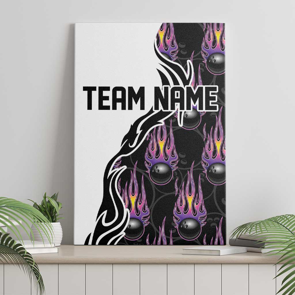 Custom Bowling Team Graphic Canvas Wall Art with Flaming Ball Design in Black White and Purple Flame Pattern - Wonder Print Shop