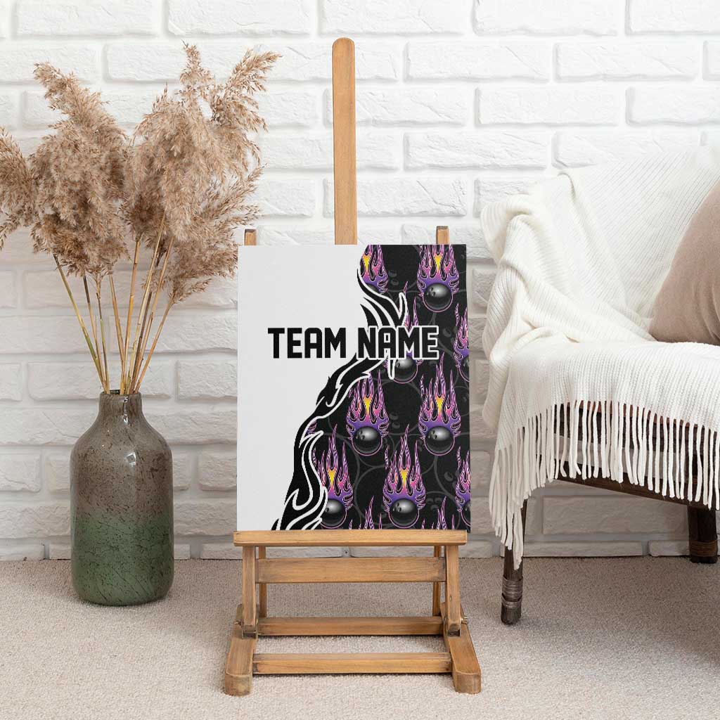 Custom Bowling Team Graphic Canvas Wall Art with Flaming Ball Design in Black White and Purple Flame Pattern - Wonder Print Shop
