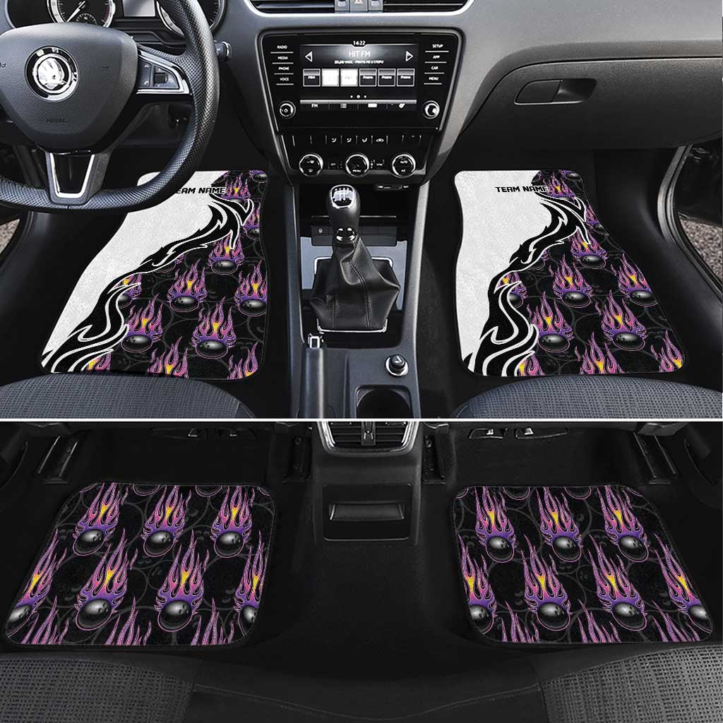 Custom Bowling Team Graphic Car Mats with Flaming Ball Design in Black White and Purple Flame Pattern - Wonder Print Shop