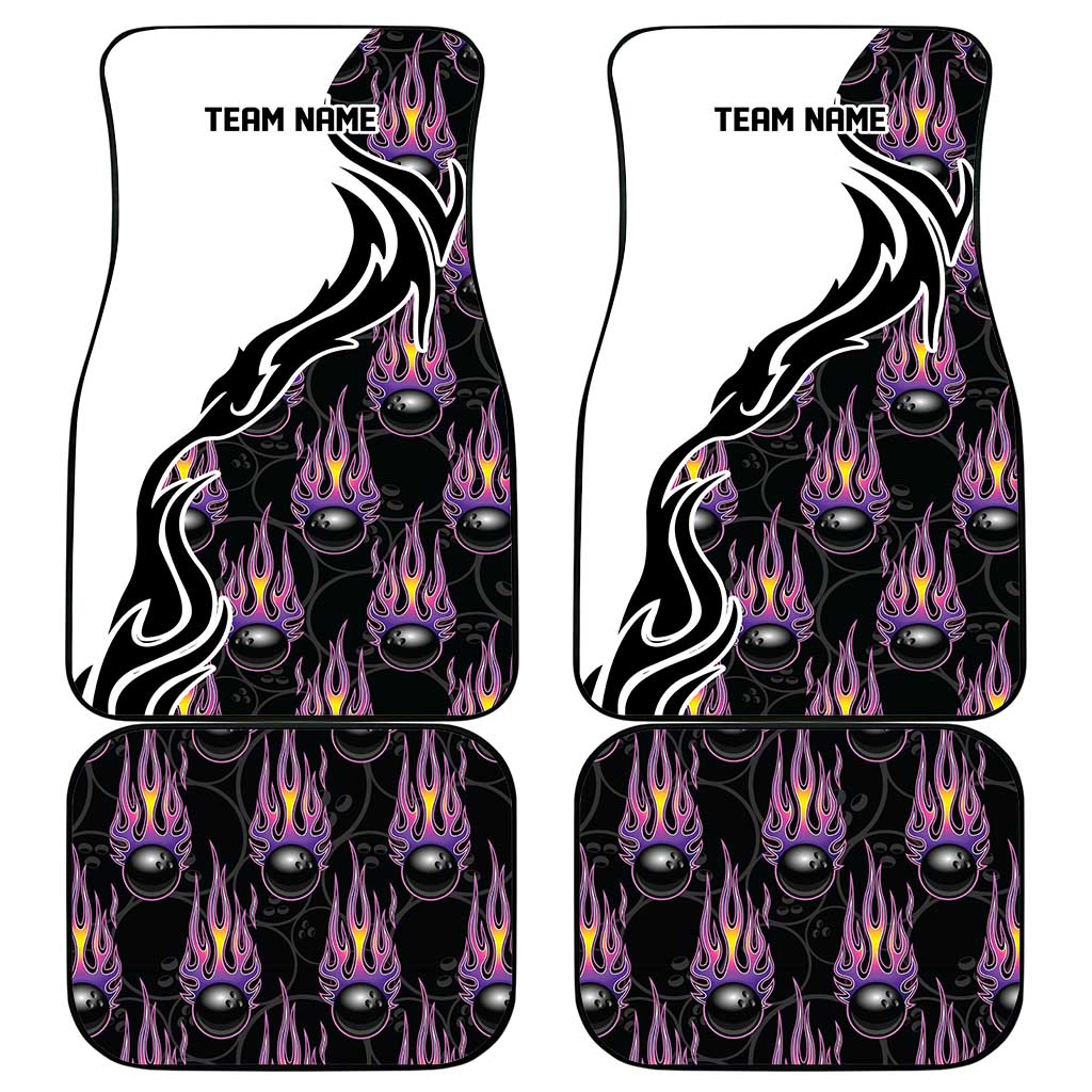 Custom Bowling Team Graphic Car Mats with Flaming Ball Design in Black White and Purple Flame Pattern - Wonder Print Shop