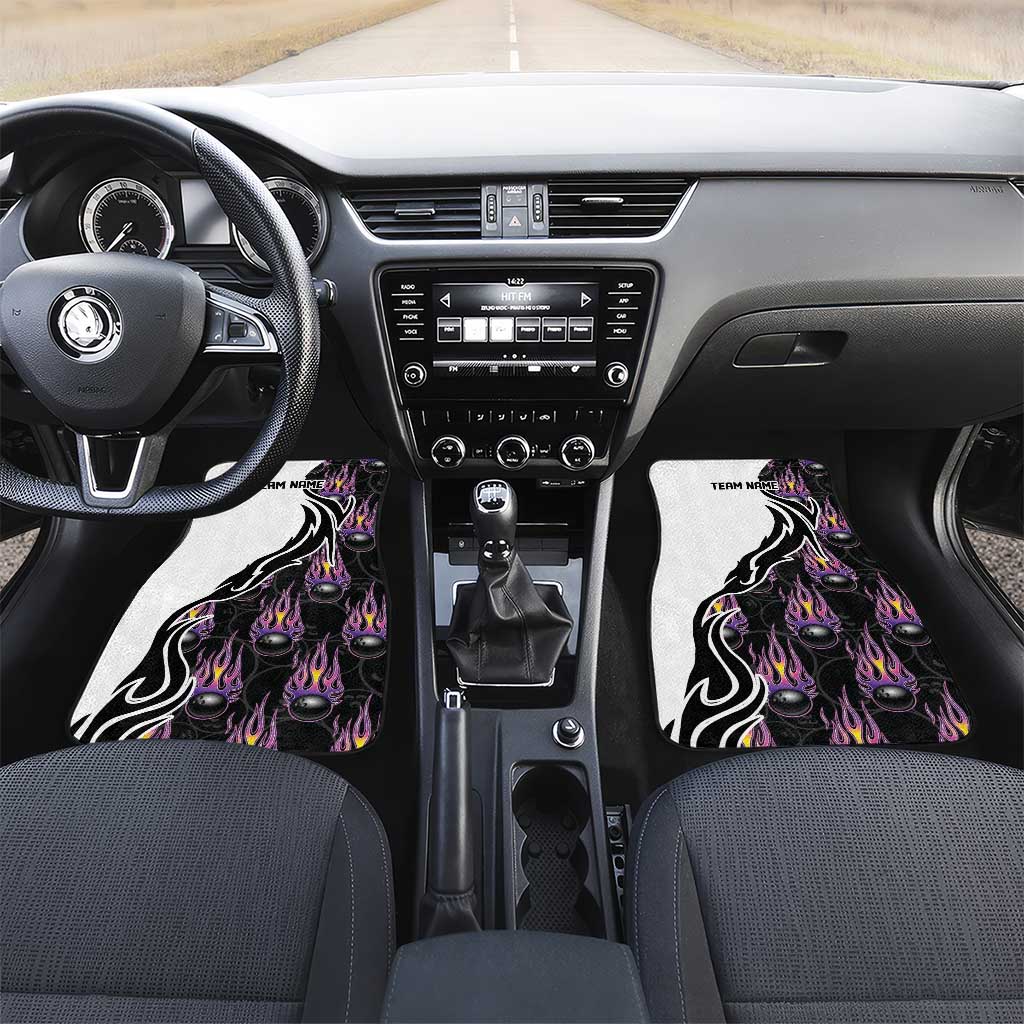Custom Bowling Team Graphic Car Mats with Flaming Ball Design in Black White and Purple Flame Pattern - Wonder Print Shop