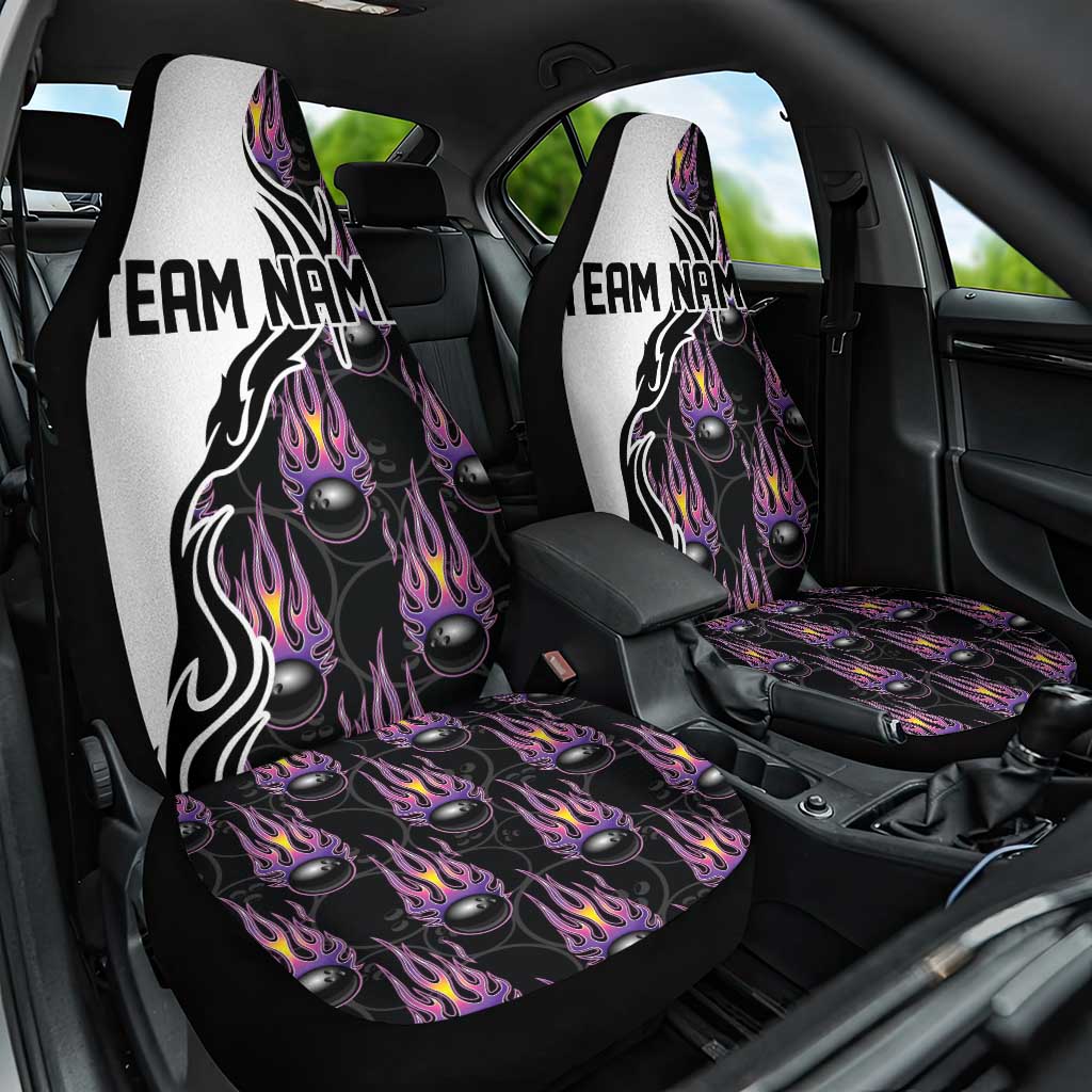 Custom Bowling Team Graphic Car Seat Cover with Flaming Ball Design in Black White and Purple Flame Pattern - Wonder Print Shop