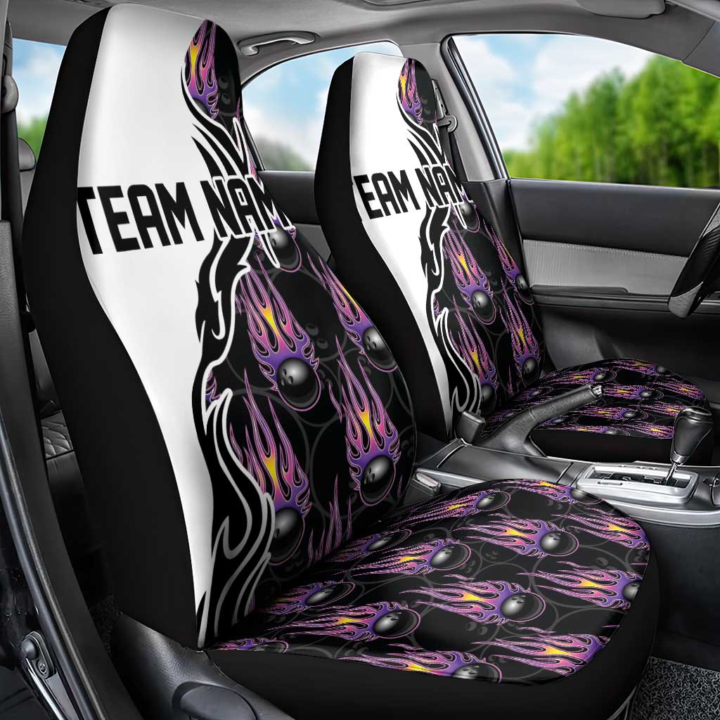 Custom Bowling Team Graphic Car Seat Cover with Flaming Ball Design in Black White and Purple Flame Pattern - Wonder Print Shop