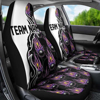 Custom Bowling Team Graphic Car Seat Cover with Flaming Ball Design in Black White and Purple Flame Pattern - Wonder Print Shop