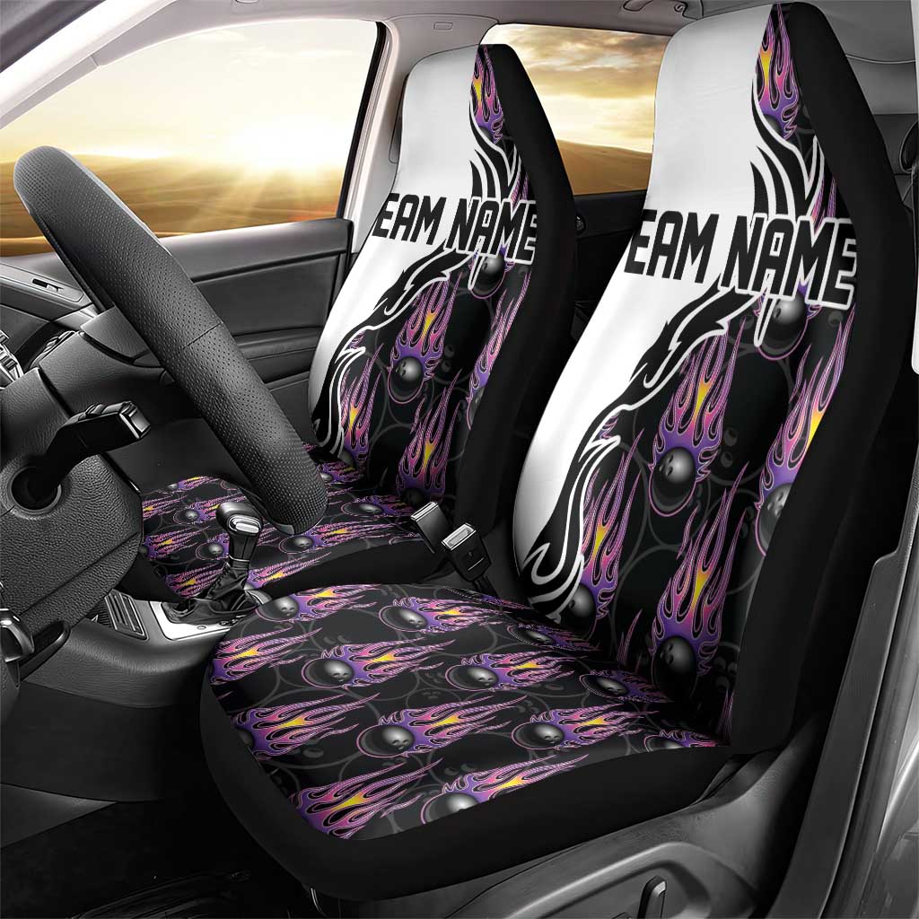 Custom Bowling Team Graphic Car Seat Cover with Flaming Ball Design in Black White and Purple Flame Pattern - Wonder Print Shop
