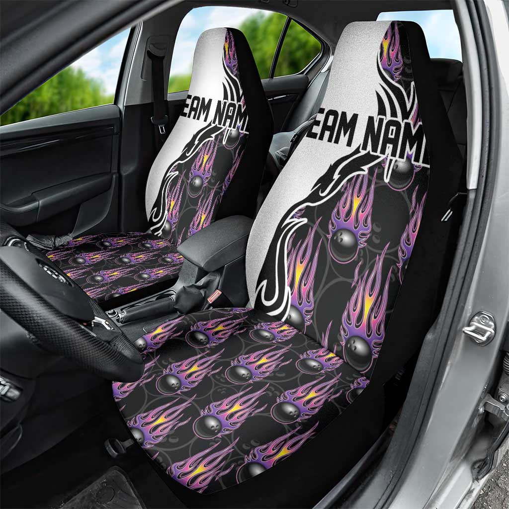 Custom Bowling Team Graphic Car Seat Cover with Flaming Ball Design in Black White and Purple Flame Pattern - Wonder Print Shop