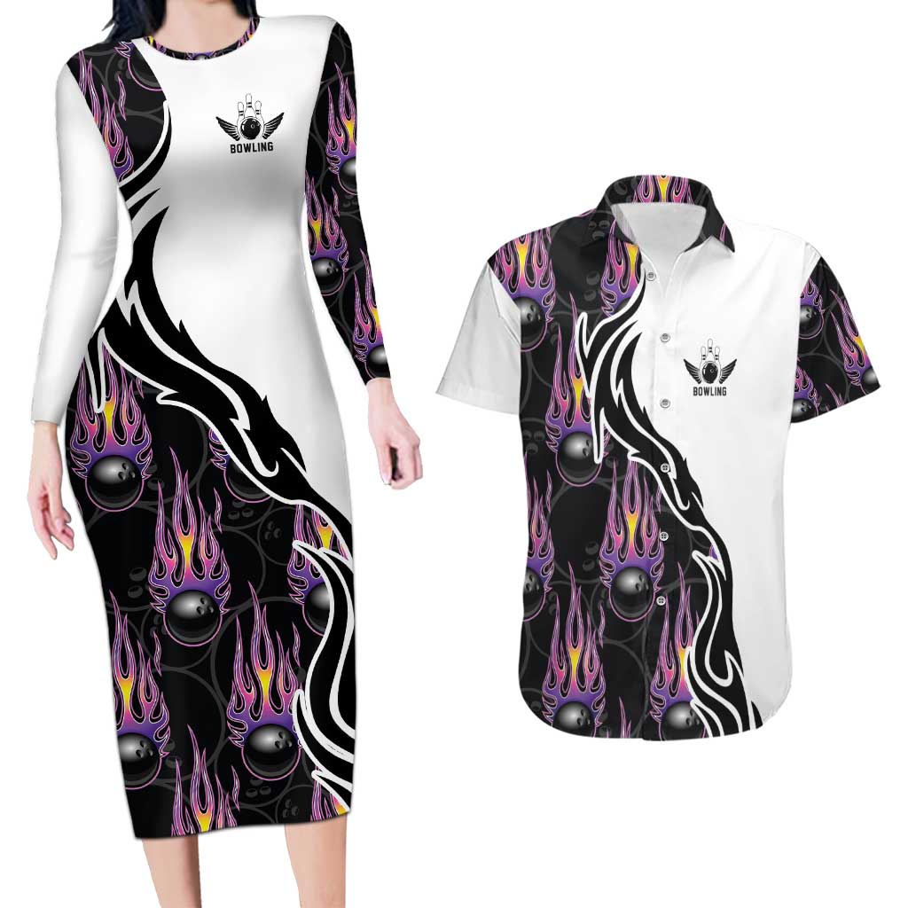 Custom Bowling Team Graphic Couples Matching Long Sleeve Bodycon Dress and Hawaiian Shirt with Flaming Ball Design in Black White and Purple Flame Pattern - Wonder Print Shop
