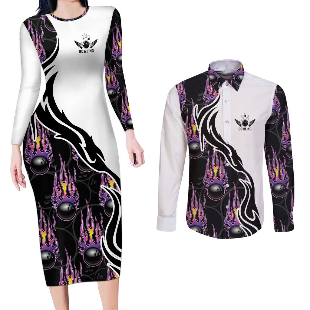 Custom Bowling Team Graphic Couples Matching Long Sleeve Bodycon Dress and Long Sleeve Button Shirt with Flaming Ball Design in Black White and Purple Flame Pattern - Wonder Print Shop