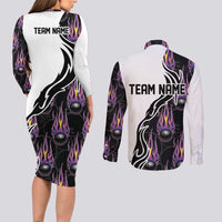 Custom Bowling Team Graphic Couples Matching Long Sleeve Bodycon Dress and Long Sleeve Button Shirt with Flaming Ball Design in Black White and Purple Flame Pattern - Wonder Print Shop