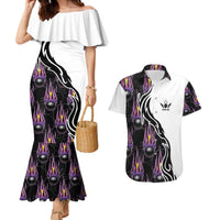 Custom Bowling Team Graphic Couples Matching Mermaid Dress and Hawaiian Shirt with Flaming Ball Design in Black White and Purple Flame Pattern - Wonder Print Shop