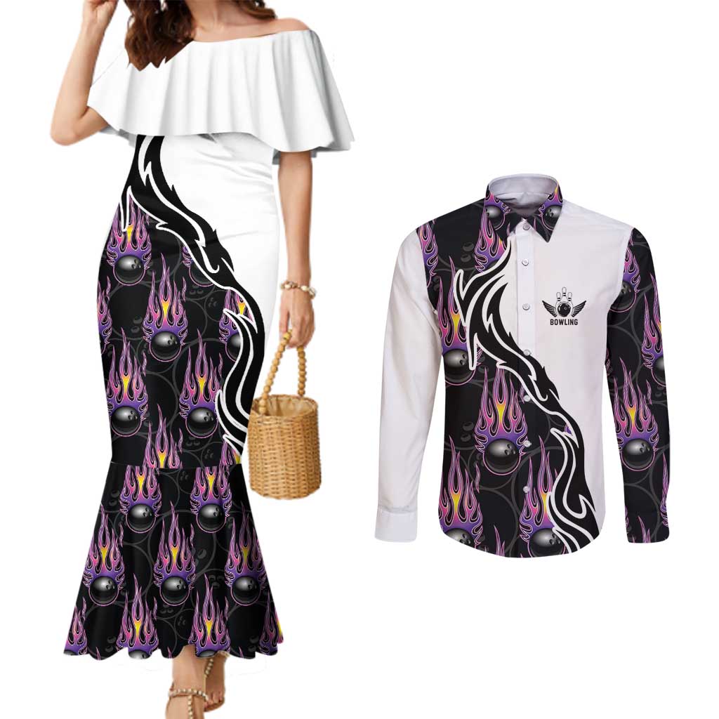 Custom Bowling Team Graphic Couples Matching Mermaid Dress and Long Sleeve Button Shirt with Flaming Ball Design in Black White and Purple Flame Pattern - Wonder Print Shop