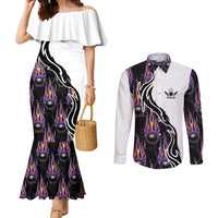 Custom Bowling Team Graphic Couples Matching Mermaid Dress and Long Sleeve Button Shirt with Flaming Ball Design in Black White and Purple Flame Pattern - Wonder Print Shop