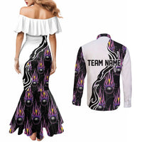 Custom Bowling Team Graphic Couples Matching Mermaid Dress and Long Sleeve Button Shirt with Flaming Ball Design in Black White and Purple Flame Pattern - Wonder Print Shop